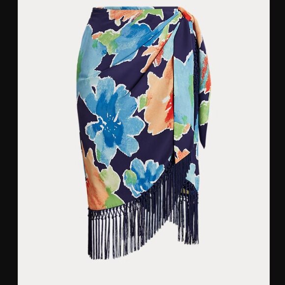 *NEW Lauren Ralph Lauren Fringe Trim Floral Crepe Skirt Size 8